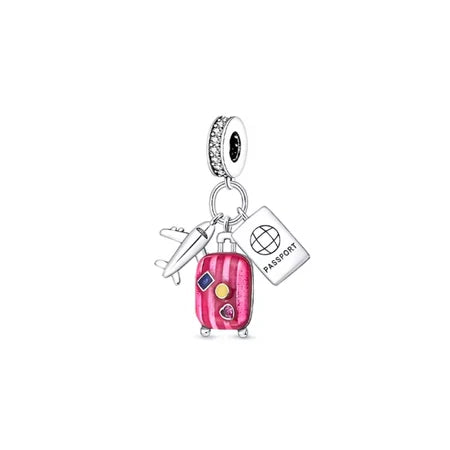 Charm Avion Maleta Rosa y Pasaporte de plata 925