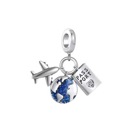 Charm Avion Mundo Y Pasaporte de plata 925