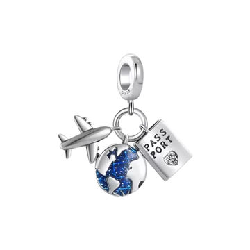 Charm Avion Mundo Y Pasaporte de plata 925