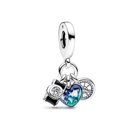 Charm Camara Corazon Y Brujula de plata 925