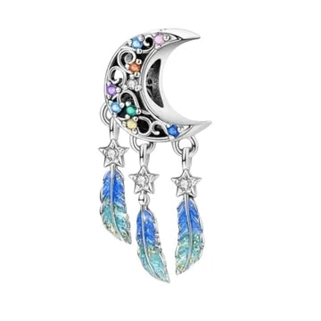 Charm Firmamento Media Luna Y Plumas de plata 925